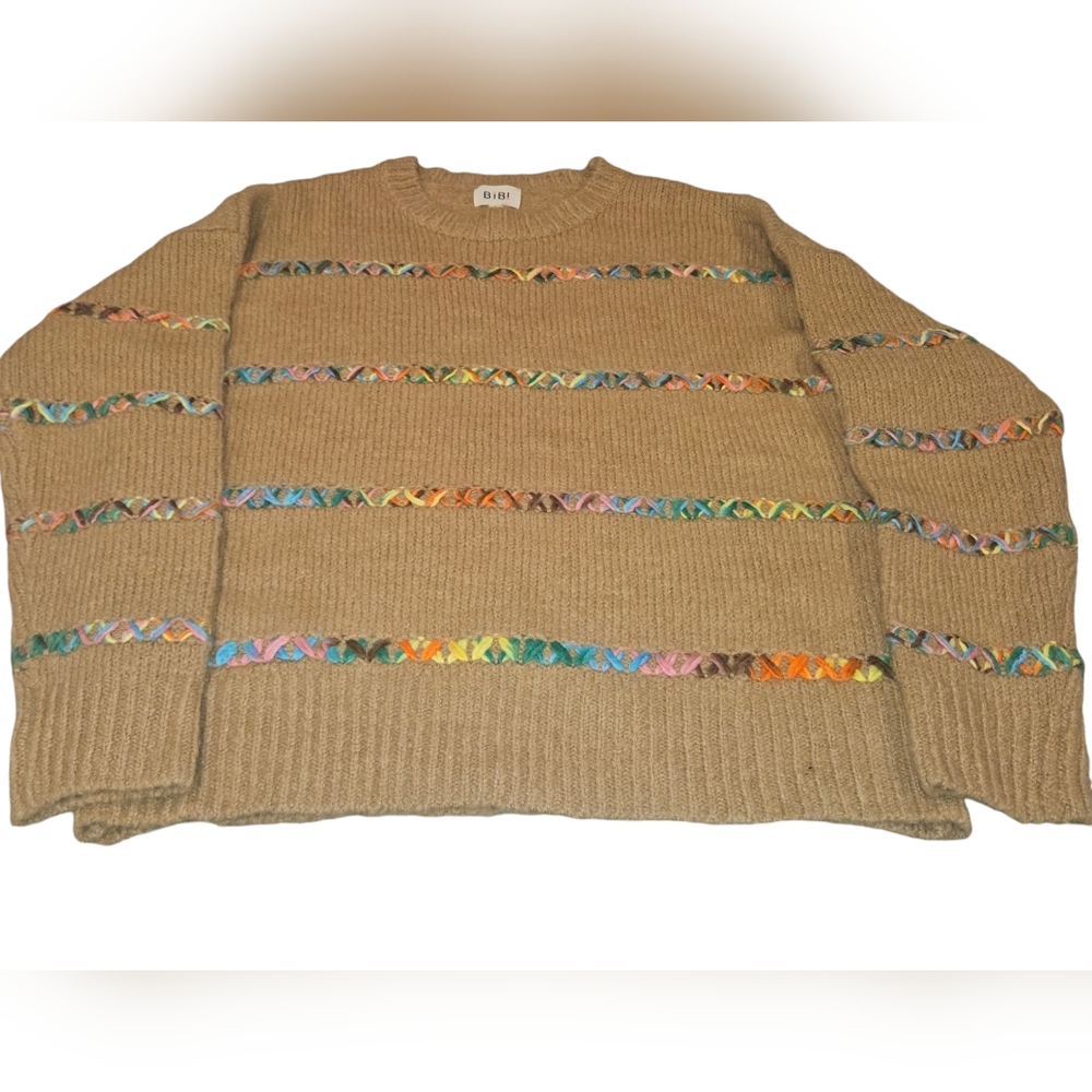 BIBI Sweater Women's Size Large Tan With Multi Color Chris Cross Yarn Stitching
